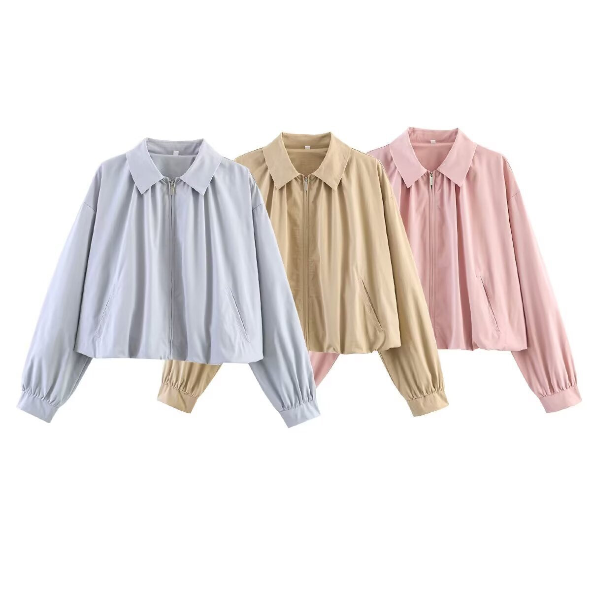 Women's cropped blouse with shirt collar, front zipper and gathered sleeve cuffs Chichicherry