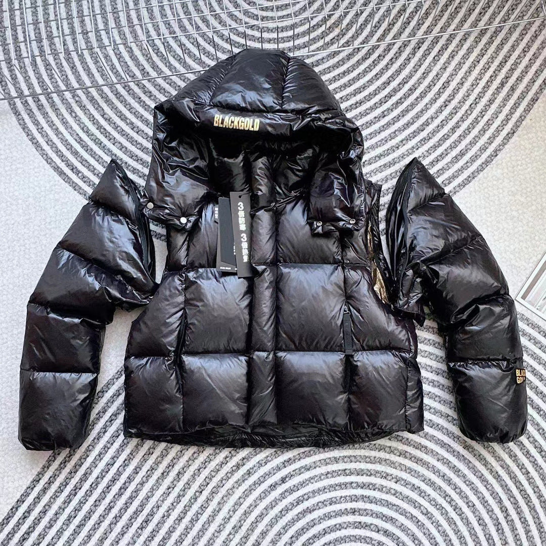 Women's short-cut glossy down jacket with hood and distinctive check quilting Chichicherry