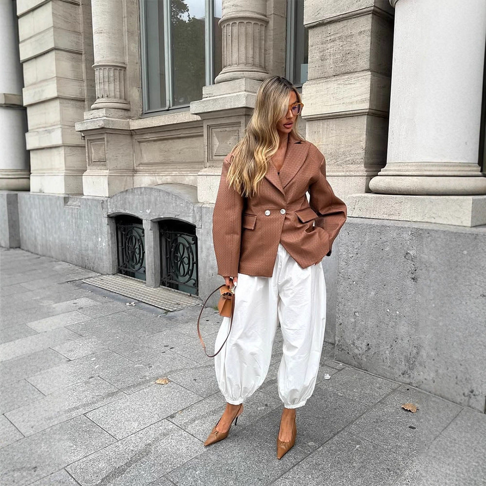 Women's Boxy Blazer with tailored draping and structured faux leather look Chichicherry