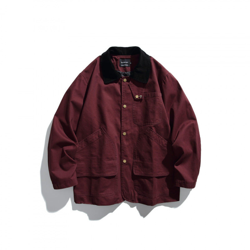 Men's Canvas Chore Jacket with Cord Collar and Snap Front Chichicherry