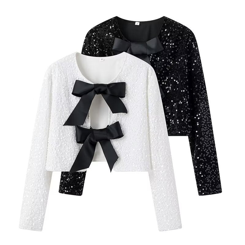 Ladies Short Sequin Jacket with Decorative Bows, Round Neckline and Long Sleeves Chichicherry