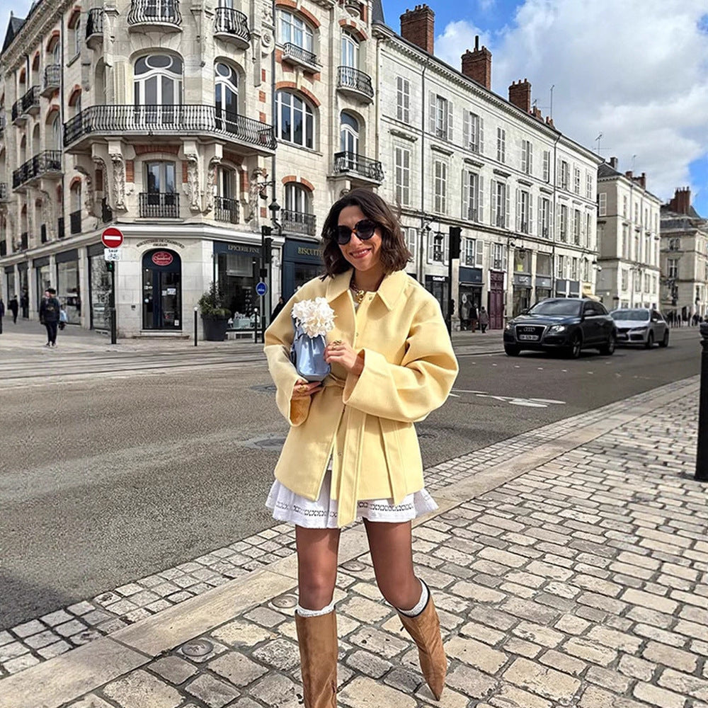 Women's short coat with tie belt, boxy oversized silhouette and wide sleeves Chichicherry