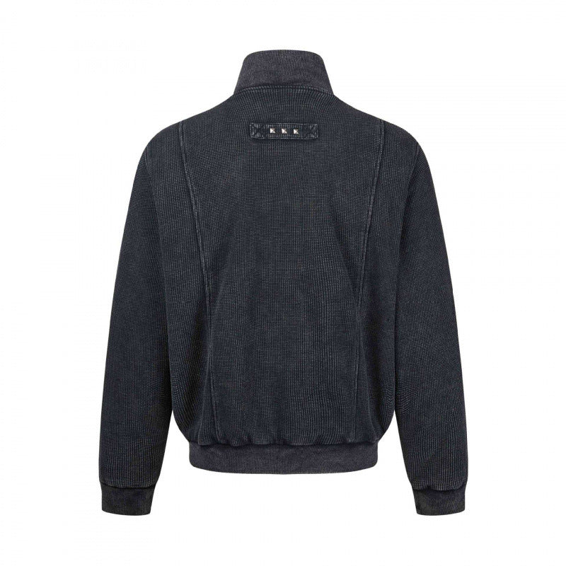 Unisex Chunky Knit Zip Bomber Jacket with Stand-up Collar, Stud Detail and Zip Pockets Chichicherry