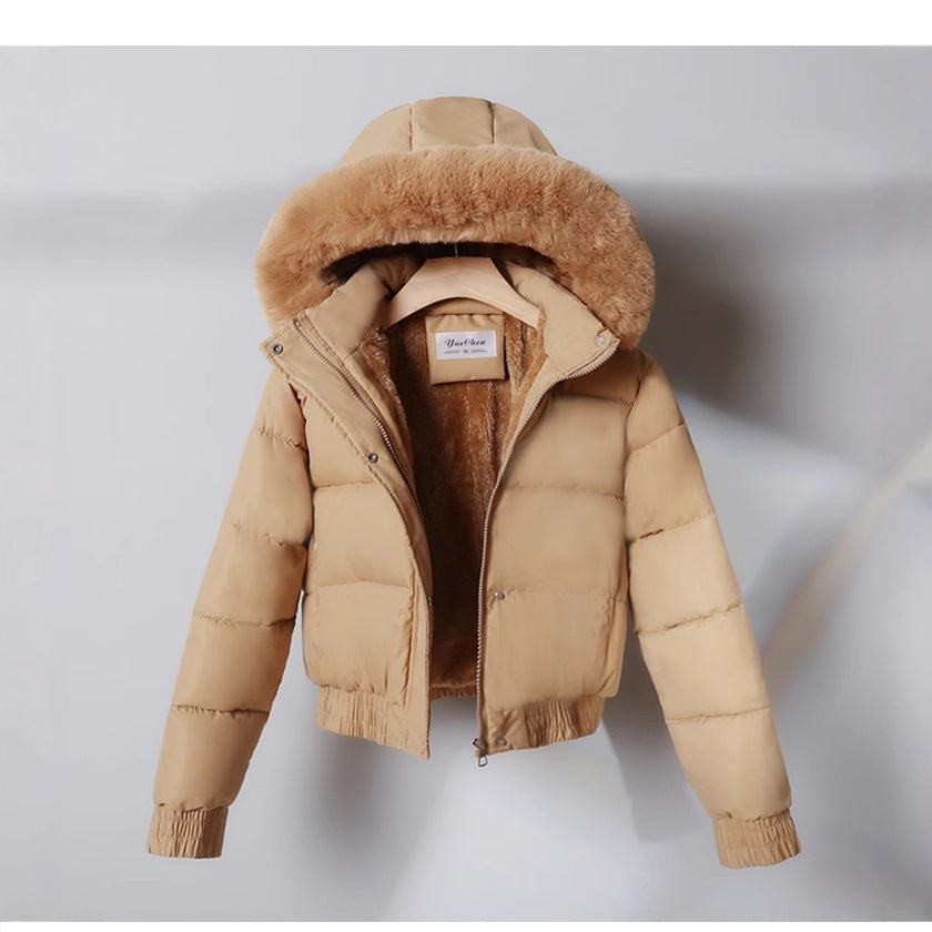 Ladies' short padded hooded jacket with faux fur trim, elastic hem, and concealed zipper Chichicherry