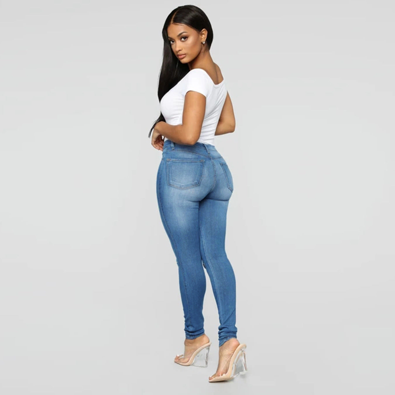 Women's High-Waist Skinny Jeans with Knee Rips and Figure-Flattering Cut Chichicherry