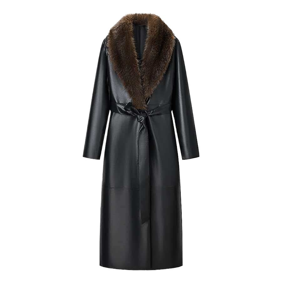 Women Long Leather Coat with Removable Fur Collar and Minimalist Silhouette Chichicherry