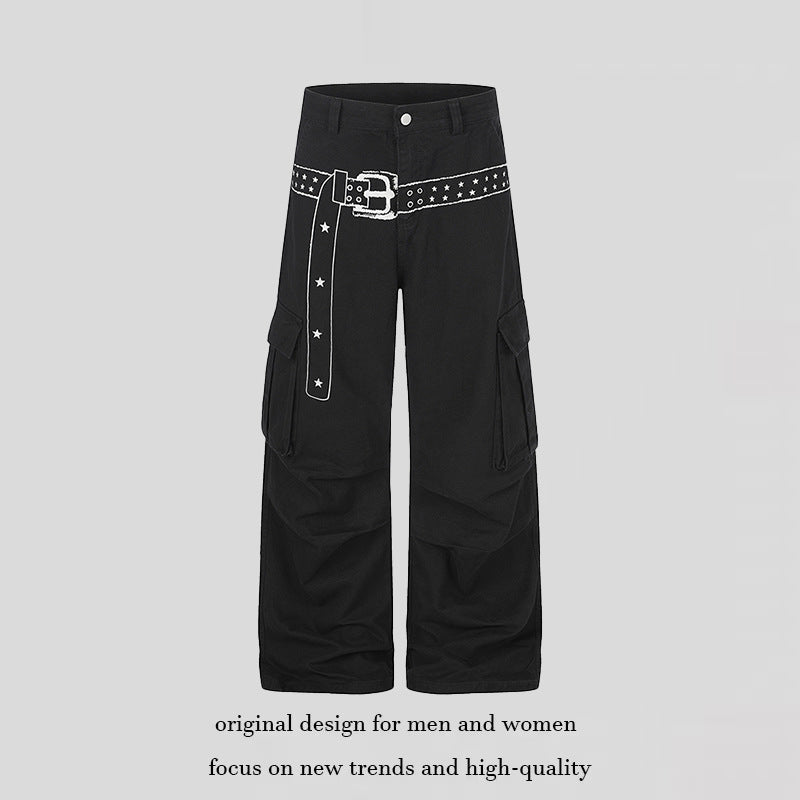 Women's cargo palazzo pants made of cotton blend with wide legs, patch flap pockets and belt print Chichicherry