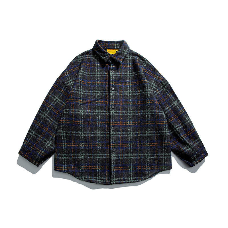 Unisex Boucle Check Shirt Jacket with Quilted Lining, Rounded Hem and Shirt Collar Chichicherry