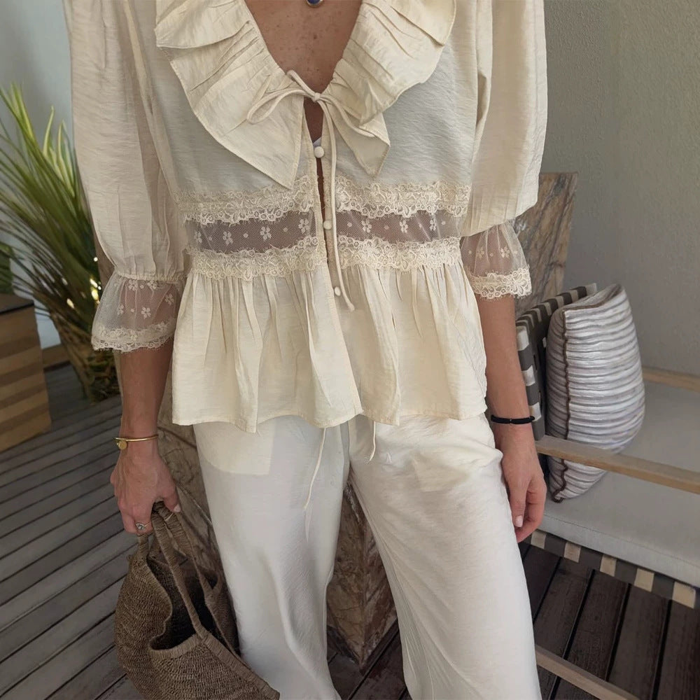 Women Romantic Linen Blouse with Ruffles, Lace Inserts & Cord Closure Chichicherry