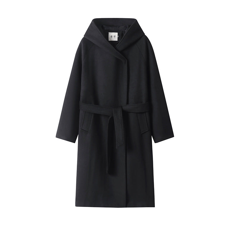 Women's Maxi Coat with Oversized Hood, Tie Belt and Minimalist Wool Blend Silhouette Chichicherry
