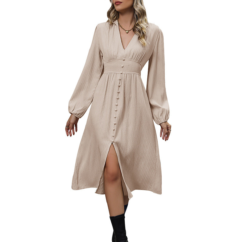 Women's midi dress with V-neck, pleated crinkle look, fitted yoke & central button placket Chichicherry