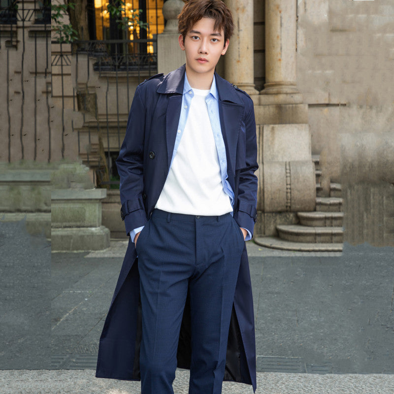 Men's longer double-breasted trench coat with storm flap and D-ring details Chichicherry