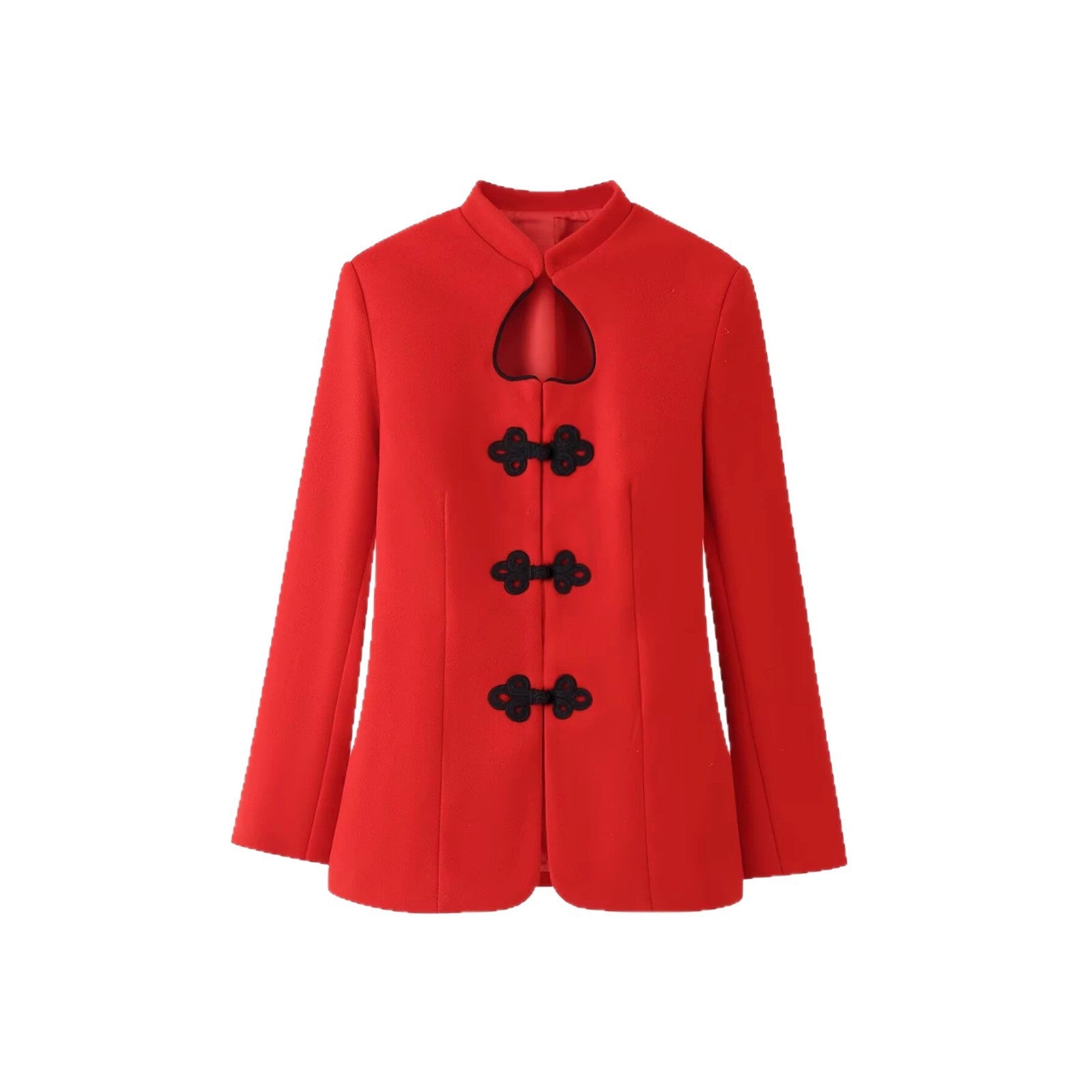 Women's Fitted Short Coat with Stand-up Collar, Heart-shaped Neckline and Decorative Cord Closures Chichicherry