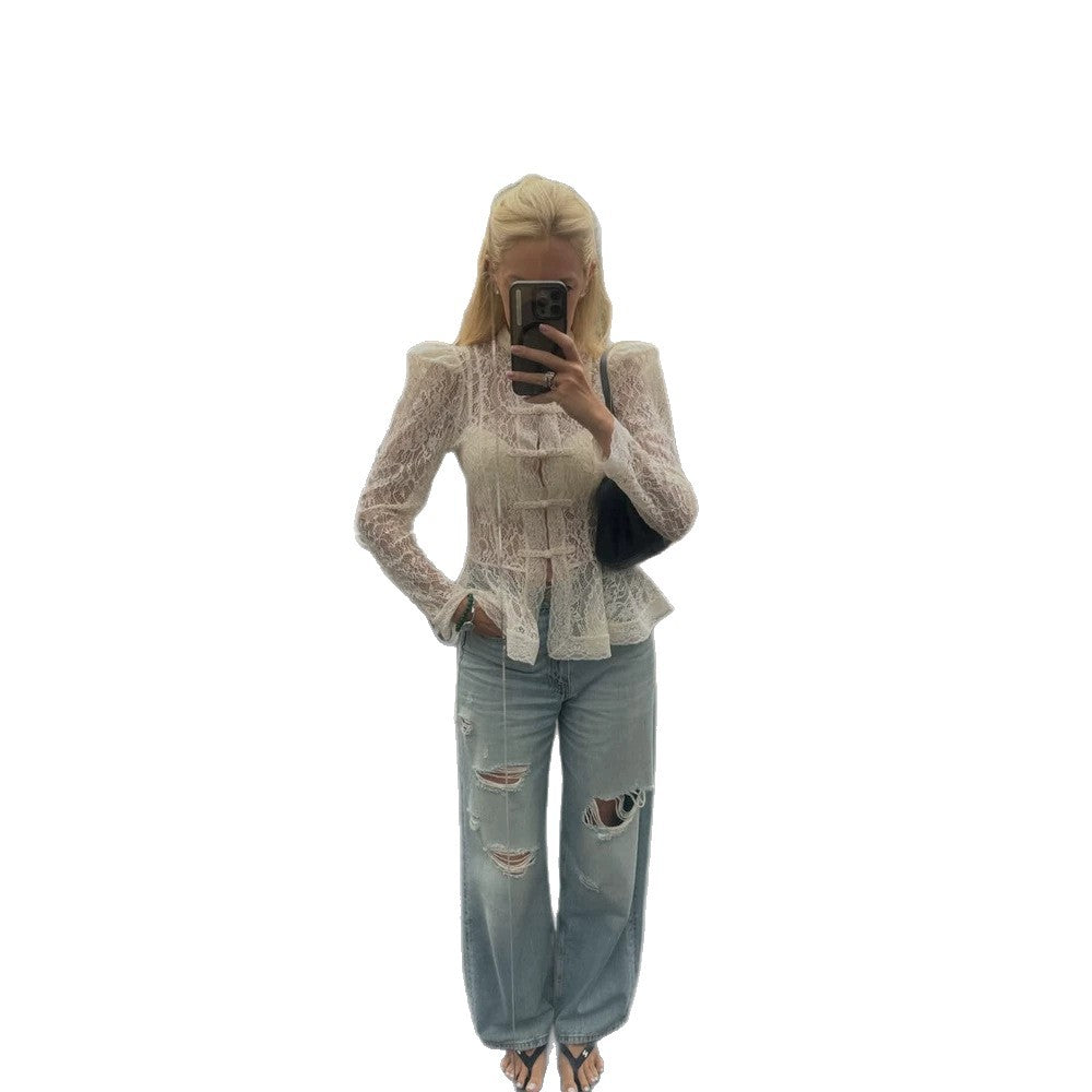 Women Romantic Lace Blouse in Victorian Style with Stand-up Collar, Knot Closures and Puff Sleeves Chichicherry