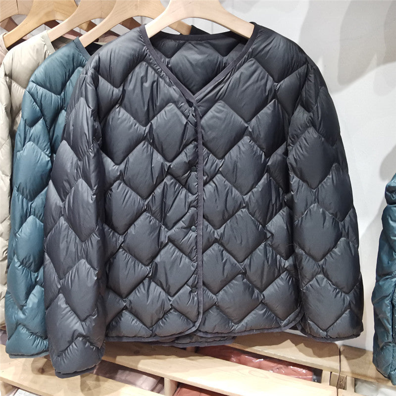 Women's Quilted Short Jacket with Diamond Quilting, Round Neckline and Press Studs Chichicherry