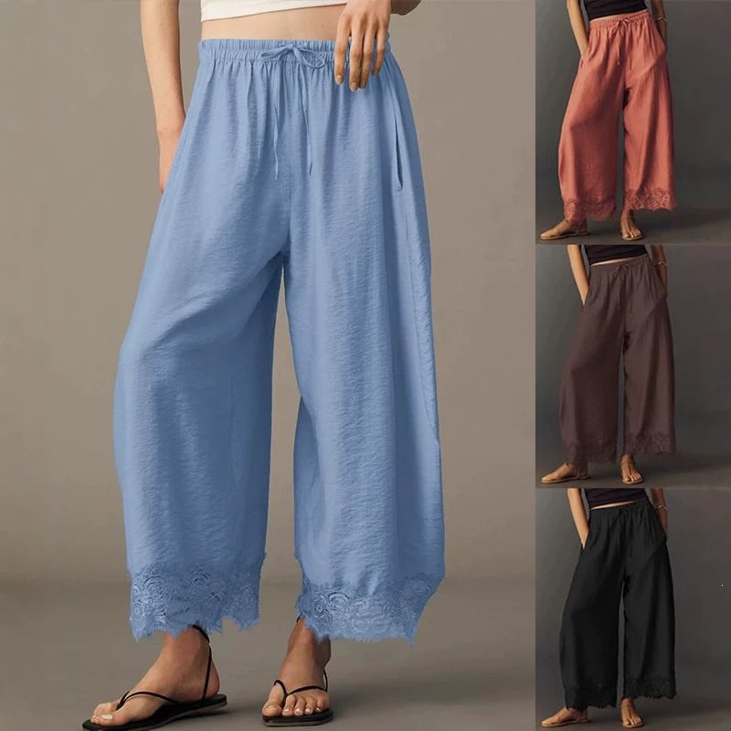 Women Wide Palazzo Pants with Elastic Drawstring Waistband and Lace Trim Chichicherry