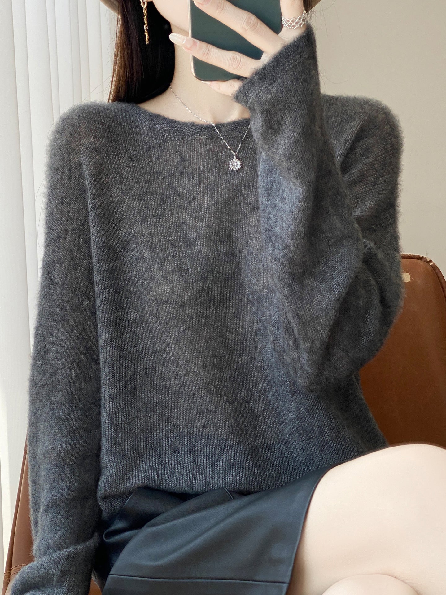 Women's Ultralight Mohair-Look Oversized Sweater with Boat Neck and Drop Shoulder Chichicherry