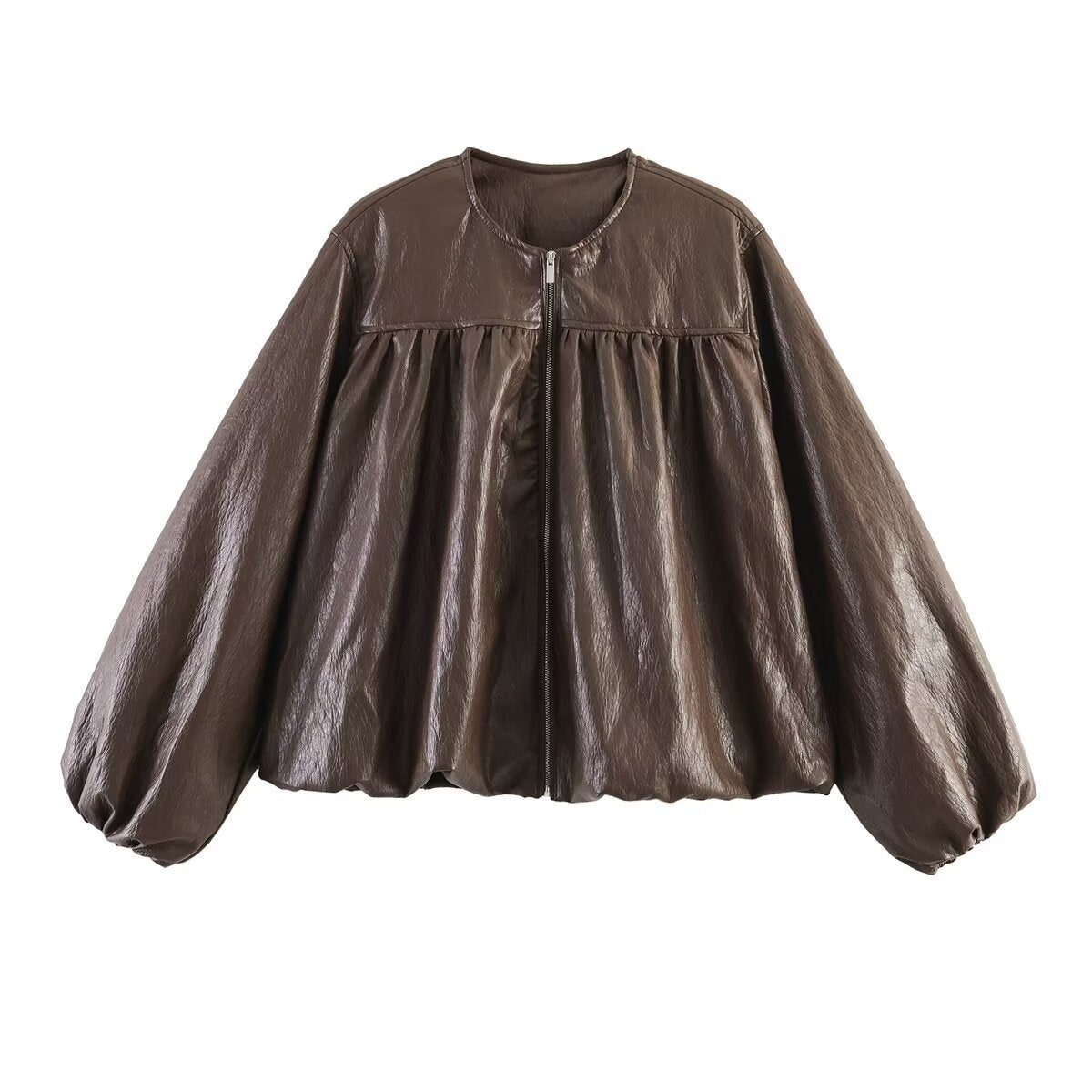 Women's short jacket with ruched yoke, round neck and balloon sleeves Chichicherry