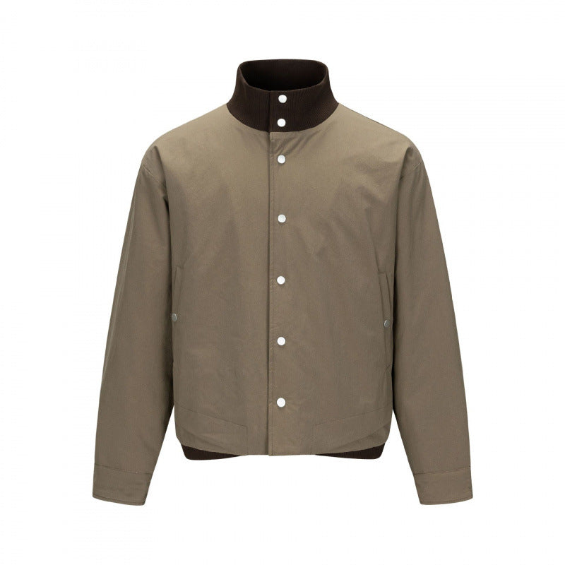 Men's short cut boxy bomber jacket with stand-up collar and snap button placket Chichicherry