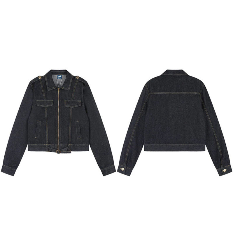 Women Short Cut Denim Jacket with Epaulettes, Zipper and Waist Belt Chichicherry