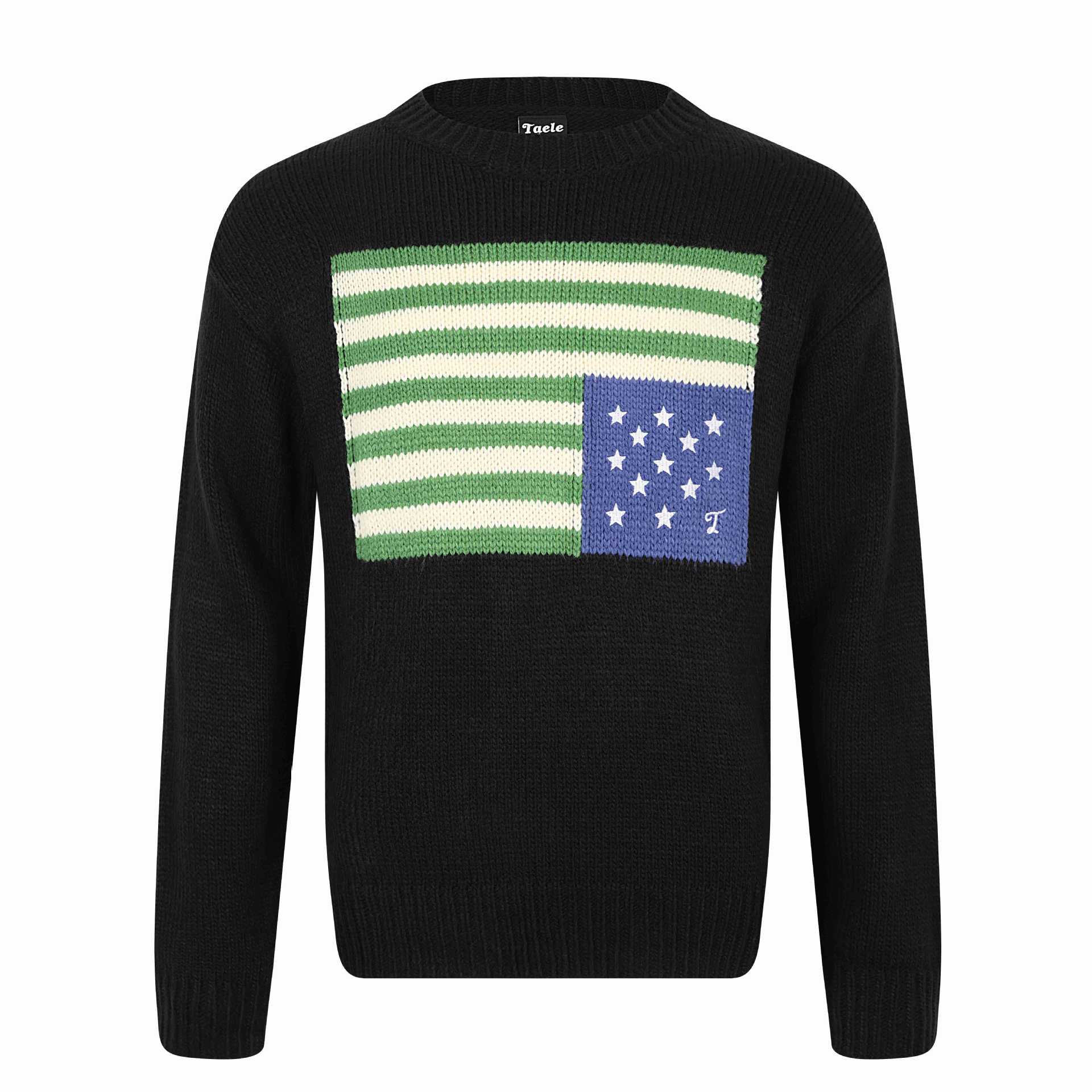 Women's Coarse Knit Round Neck Sweater with Flag Intarsia and Ribbed Cuffs Chichicherry