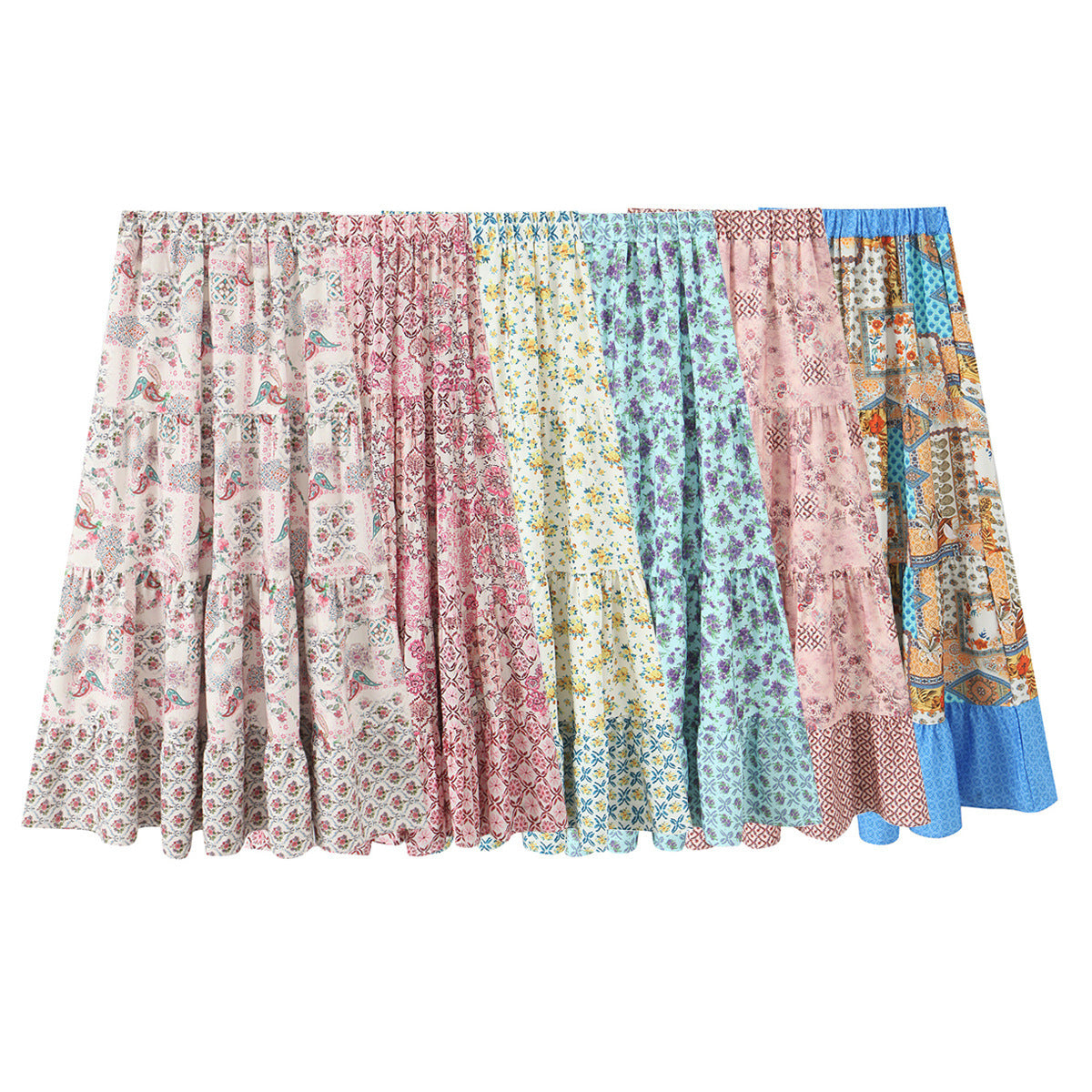 Women's Long Tiered Skirt with Floral Allover Print, Elastic Waistband and Ruffled Panels Chichicherry