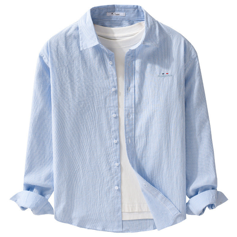 Men's Light Long Sleeve Shirt with Fine Pinstripes and Chest Embroidery Chichicherry