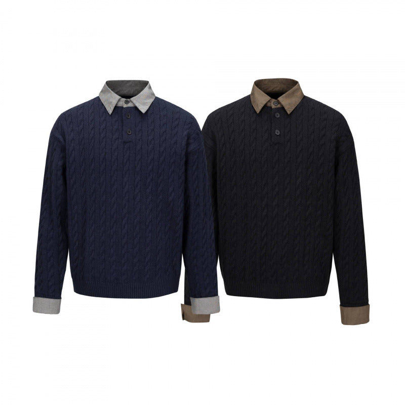 Men's Structured Cable Knit Henley Sweater with Contrast Shirt Collar and Cuff Turn-ups Chichicherry
