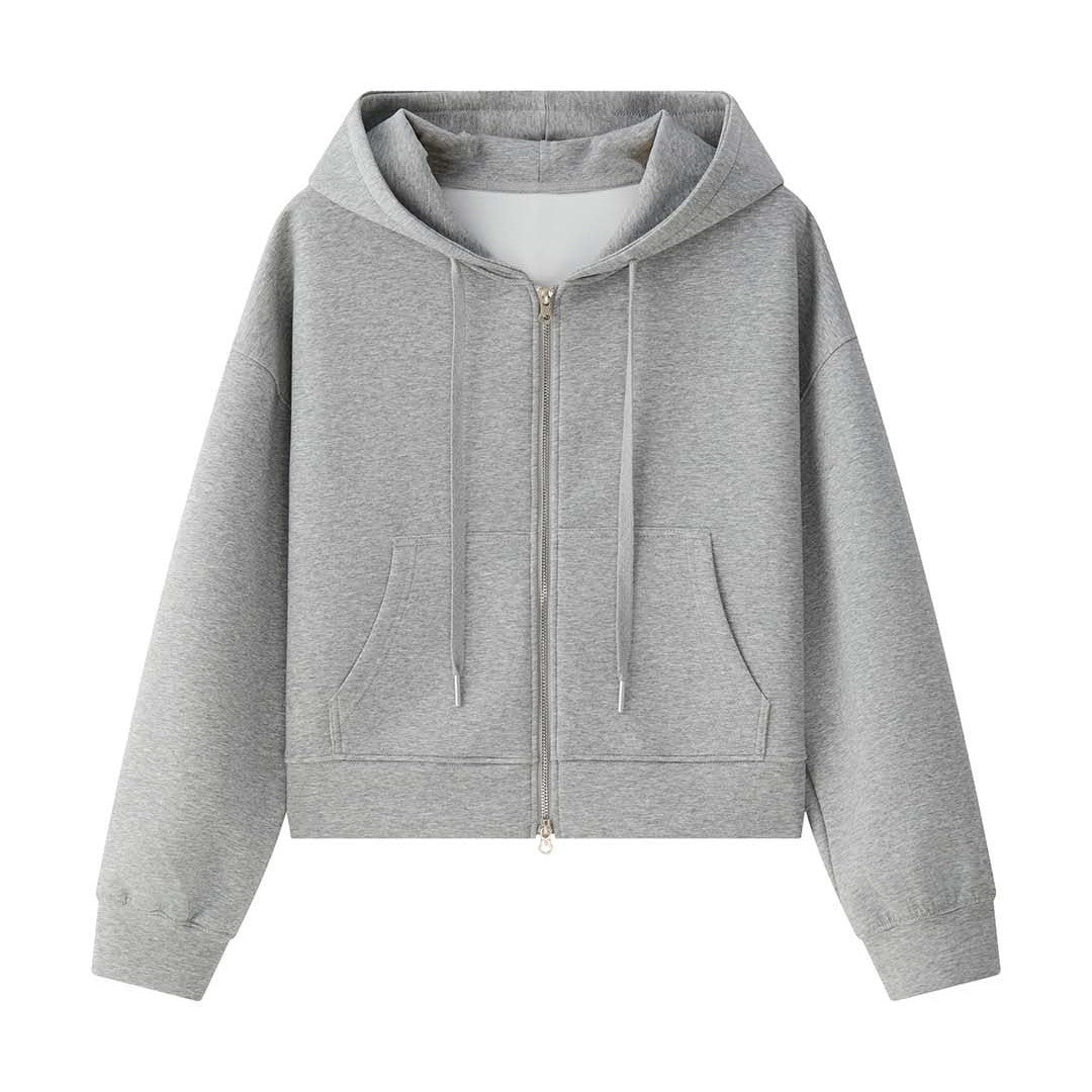Women's Short Cut Boxy Hooded Sweat Jacket with Two-Way Zip Chichicherry