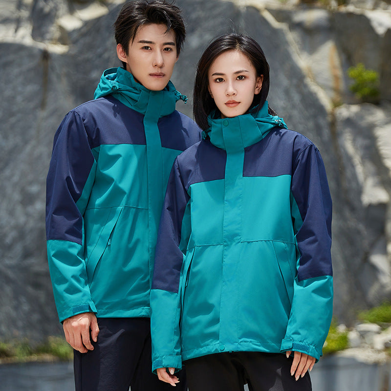 Unisex two-layer water-repellent outdoor jacket with hood and color block design Chichicherry