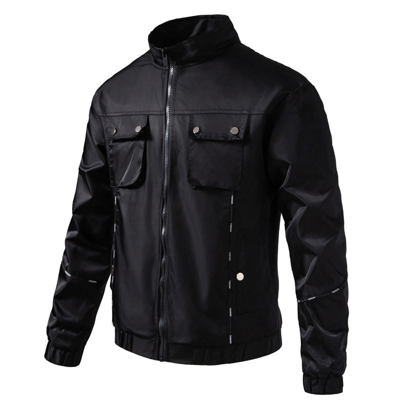 Men's Lightweight Utility Bomber Jacket with Flap Pockets, Stand-Up Collar, and Elastic Hem Chichicherry