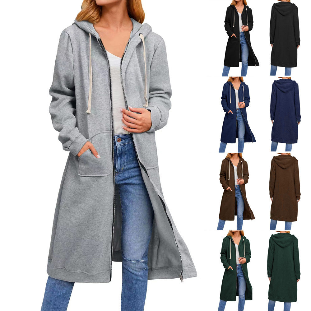 Women Long Hooded Sweat Coat with Two-Way Zipper and Kangaroo Pockets