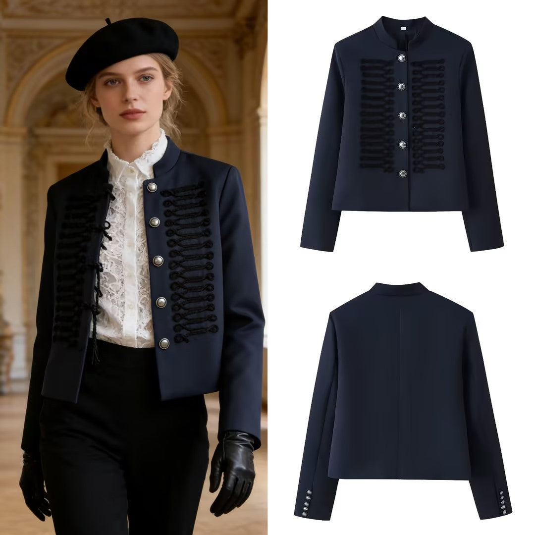 Women’s short military-style jacket with stand-up collar, decorative cord trimming, and decorative buttons Chichicherry