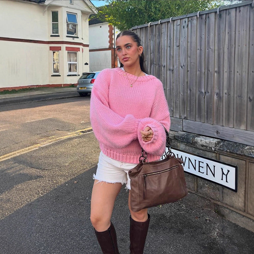 Women Oversize Chunky Knit Sweater with Balloon Sleeves and Wide Ribbed Collar Chichicherry