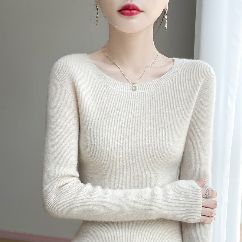 Women's Tailored Round Neck Sweater in Fine Ribbed Cashmere Look Chichicherry