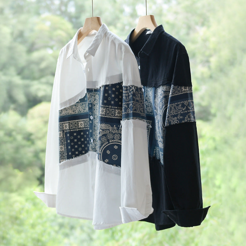 Men's Patchwork Shirt Jacket with Bandana Insert, Raw Edges and Loose Fit Chichicherry