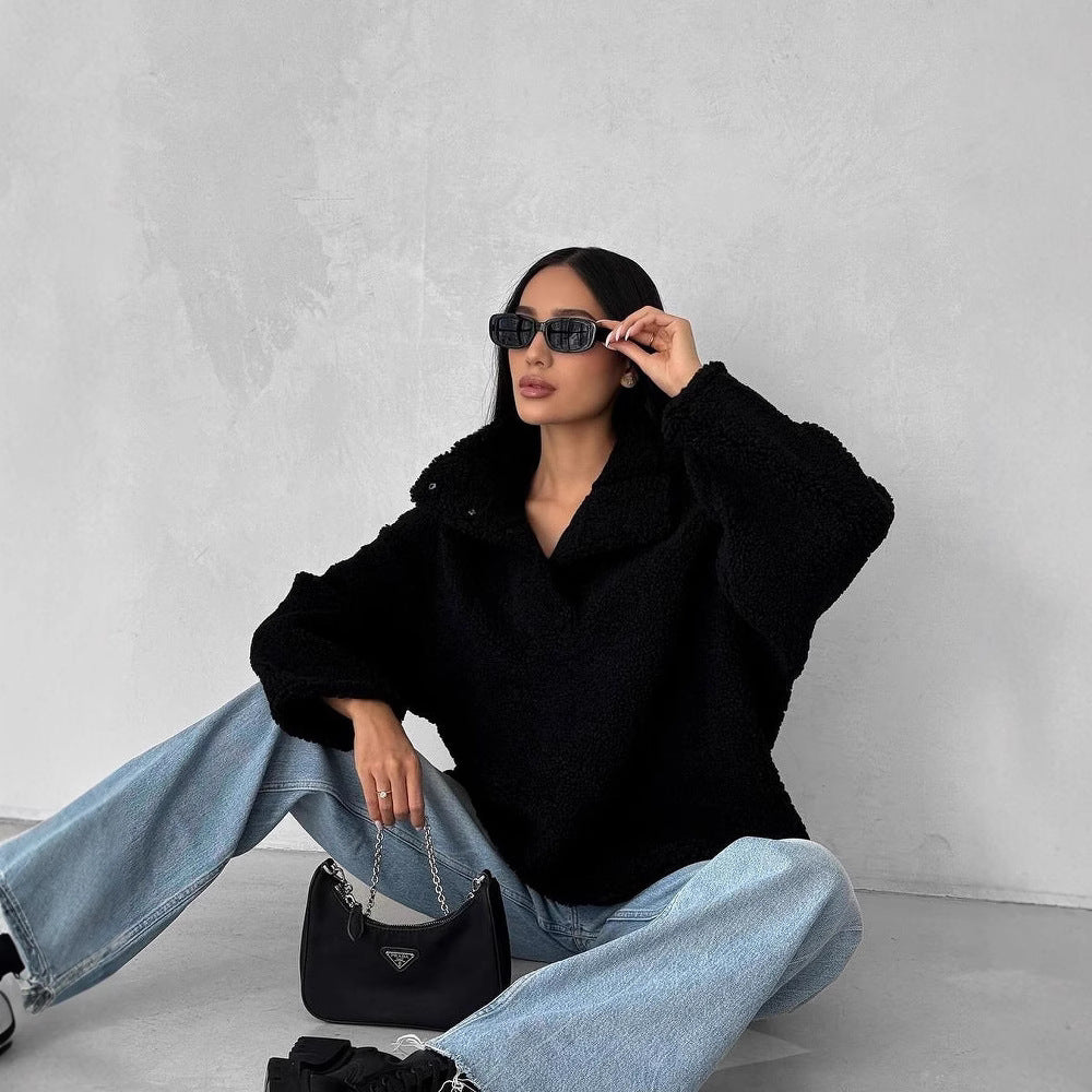 Damen Oversized Teddy-Pullover mit halber Druckknopfleiste und Stehkragen Chichicherry