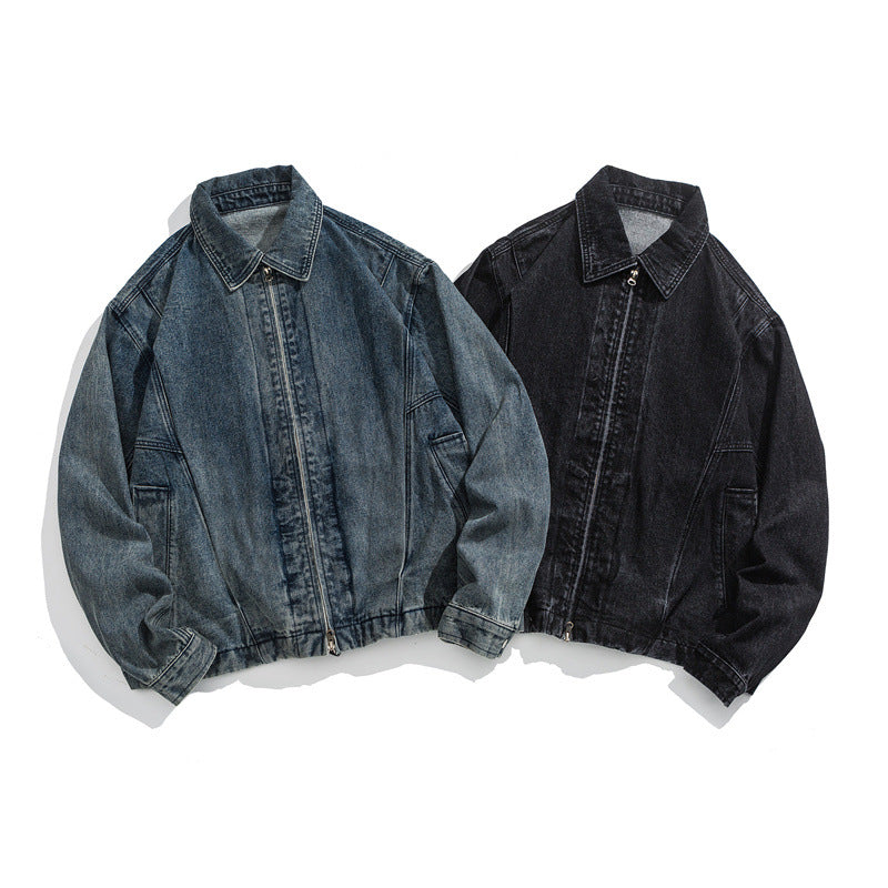 Unisex Short Cut Denim Worker Jacket with Continuous Zipper and Boxy Silhouette Chichicherry