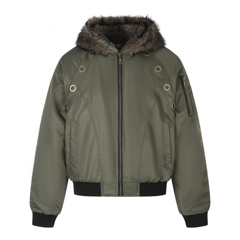 Women's short-cut bomber jacket with faux fur hood, metal eyelets and zipper Chichicherry