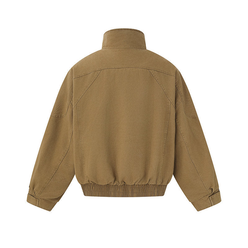 Men's short-cut canvas bomber jacket with high stand-up collar, concealed front placket, and zip pockets Chichicherry