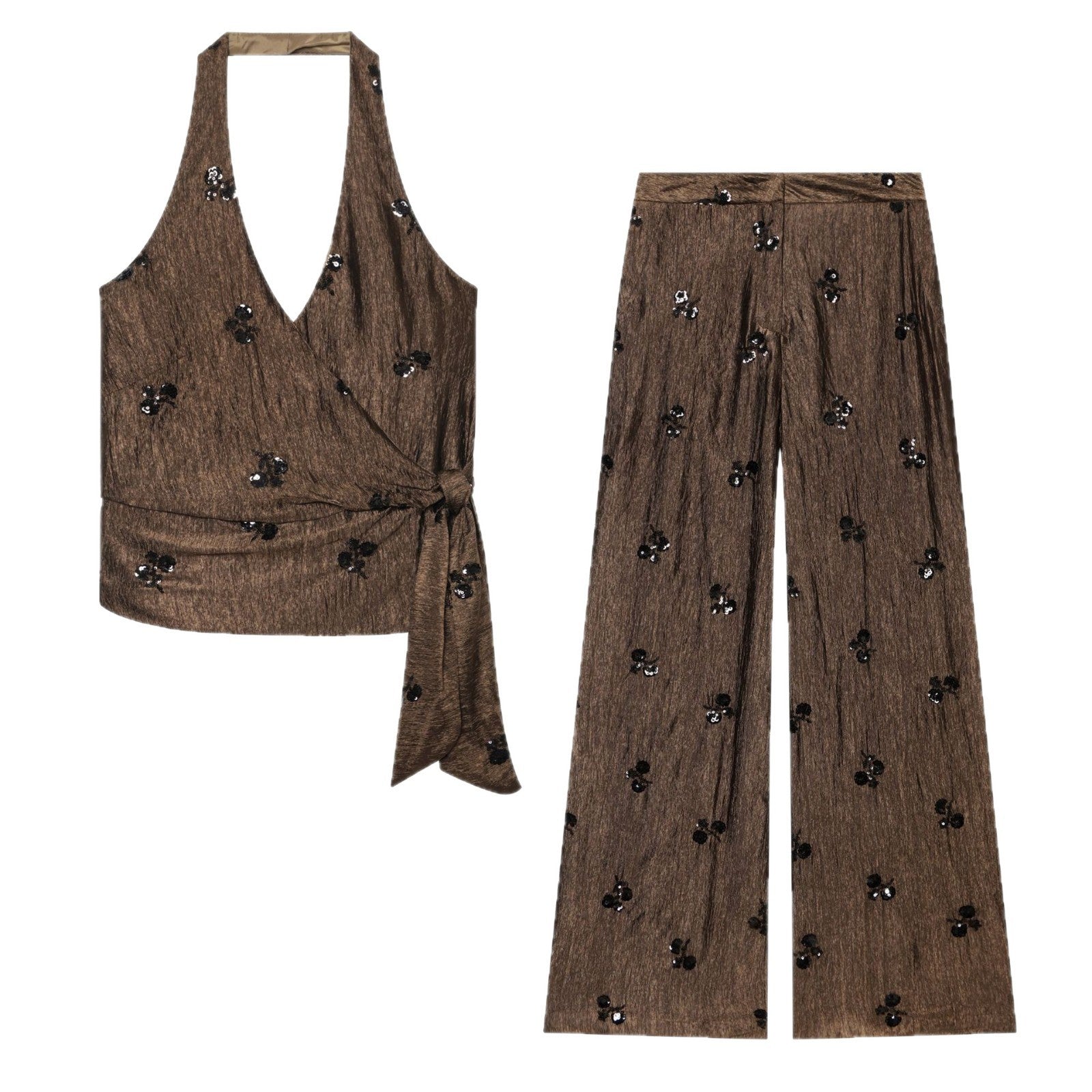 Ladies Wide High-Waist Pants with Crinkle Effect and Sequin Flowers Chichicherry