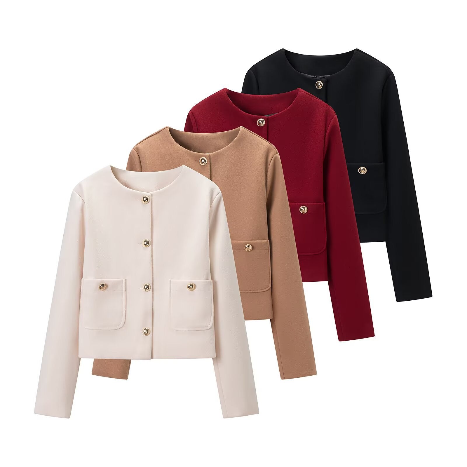 Women's cropped wool blend jacket with round neck, patch pockets and gold decorative buttons Chichicherry