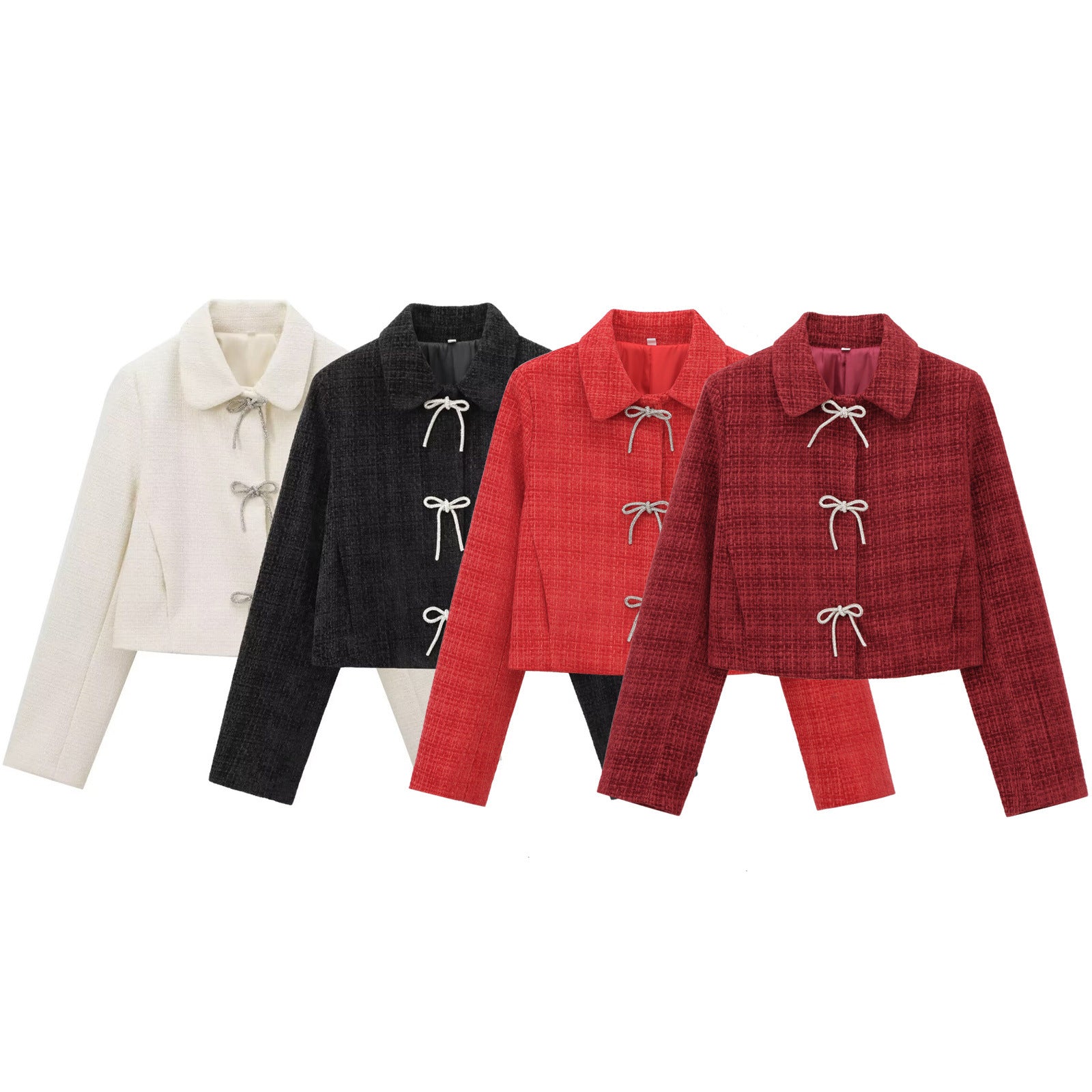 Women's Short Boucle Tweed Jacket with Peter Pan Collar and Decorative Bow Closures Chichicherry