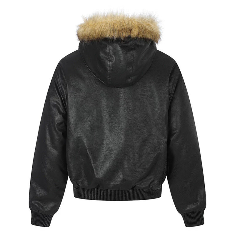 Women's Faux Leather Bomber Jacket with Hood, Faux Fur Trim and Decorative Rivets Chichicherry