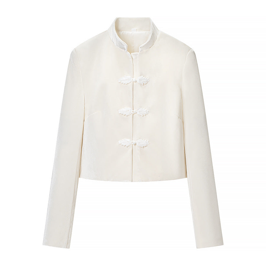 Women's Two-Piece Set with Tailored Short Mandarin Jacket and High-Waisted Pleated Trousers Chichicherry