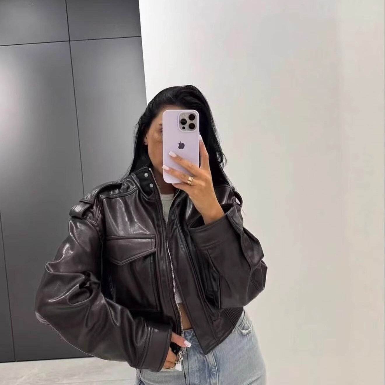 Women Short-Cut Leather Bomber with High Stand Collar, Shoulder Straps and Flap Pockets Chichicherry