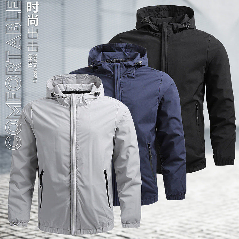 Men's Lightweight Hooded Softshell Jacket in Urban Utility Style with Concealed Front Zipper and Zippered Pockets Chichicherry