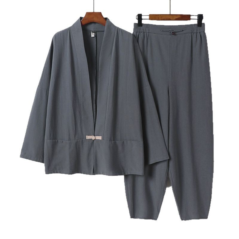 Men's Zen Relax Set with open kimono jacket, decorative toggle closure and tapered harem jogger pants Chichicherry