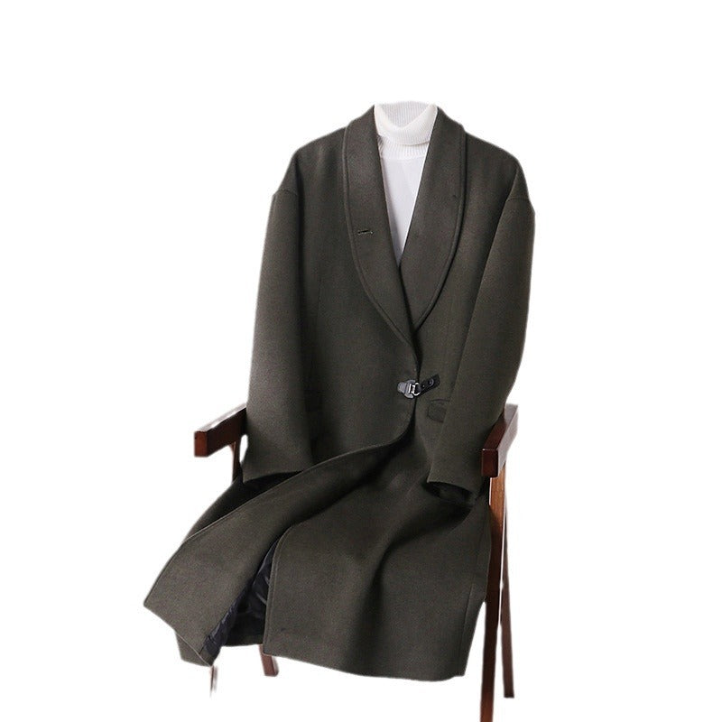 Men's Floor-Length Wool Blend Coat with Wide Shawl Collar and Decorative Toggle Closure Chichicherry