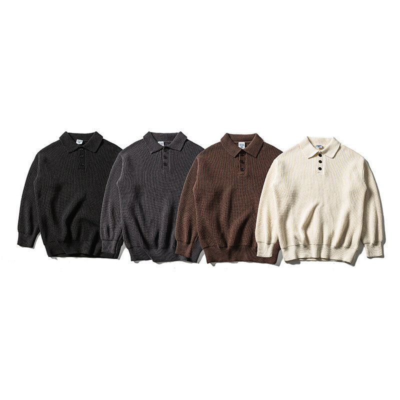 Men's waffle knit polo sweater with half button placket and ribbed cuffs Chichicherry
